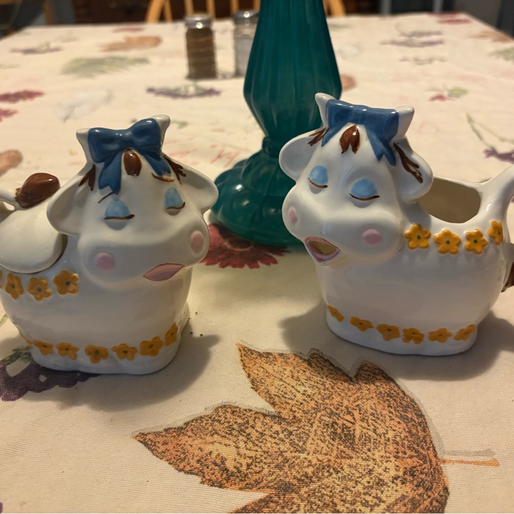Vintage bundle Ceramic napkin holder and Cow sugar and creamer set